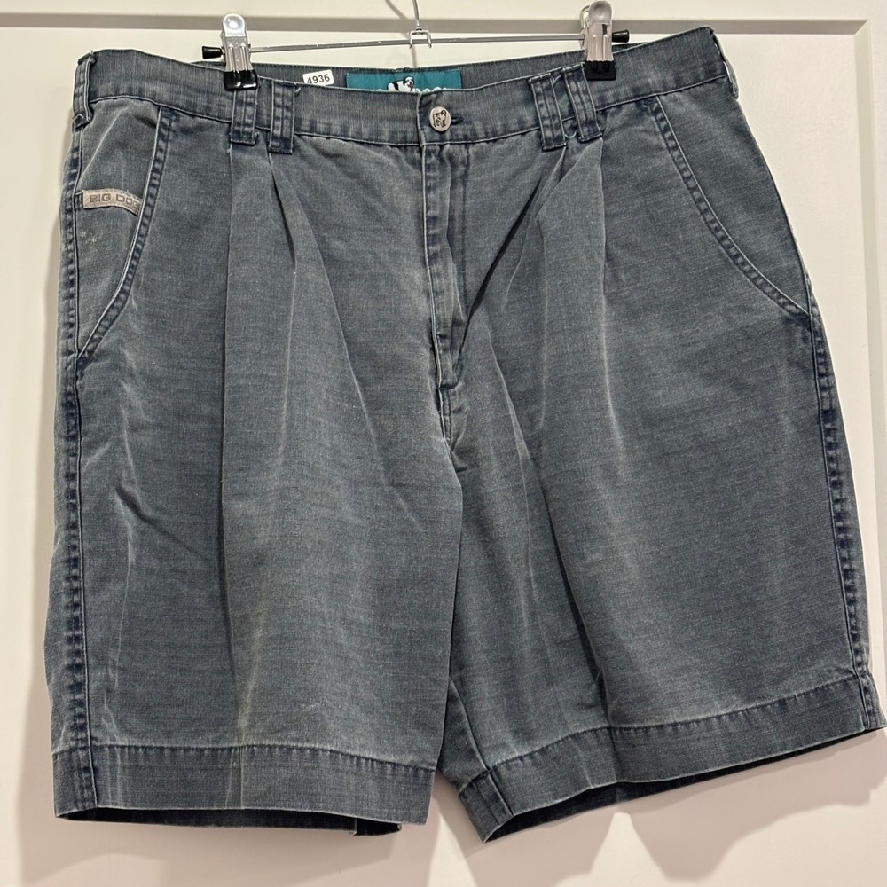 Big Dogs Mens Pleated Canvas Shorts Size 36 Blue Gray Cotton Relaxed Fit Vintage